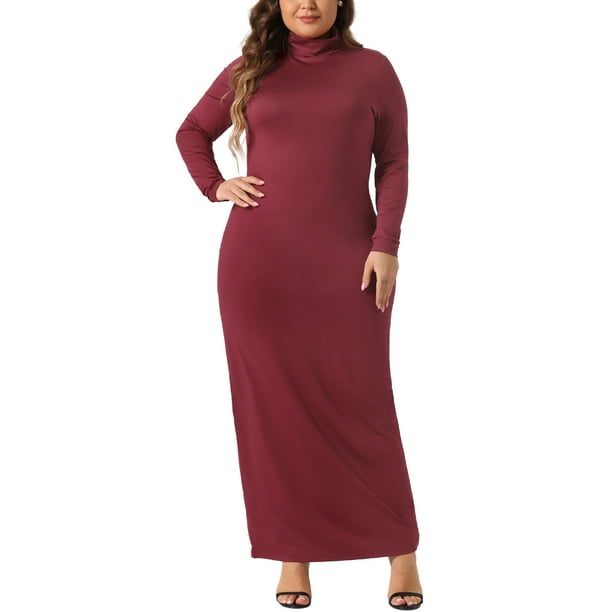 Vestidos maxi de talla grande para mujer Agnes Orinda, vestido de fiesta ajustado de manga larga con cuello alto, vestido lápiz largo 3X burdeos
