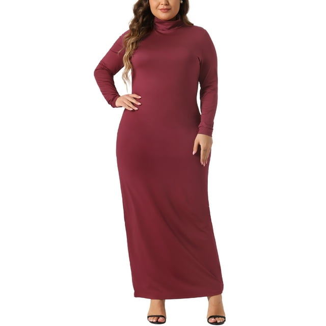 Vestidos maxi de talla grande para mujer Agnes Orinda, vestido de fiesta ajustado de manga larga con cuello alto, vestido lápiz largo 3X burdeos