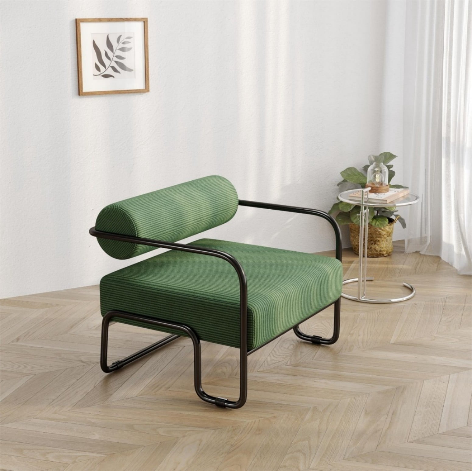 Living Room Iron Accent Chair, Corduroy Upholstered Lazy Leisure Chair with Curved Ergonomic Seat & Armrests, Sturdy Metal Frame Reading Chair for Balcony, Bedroom, Apartment, Dark Green