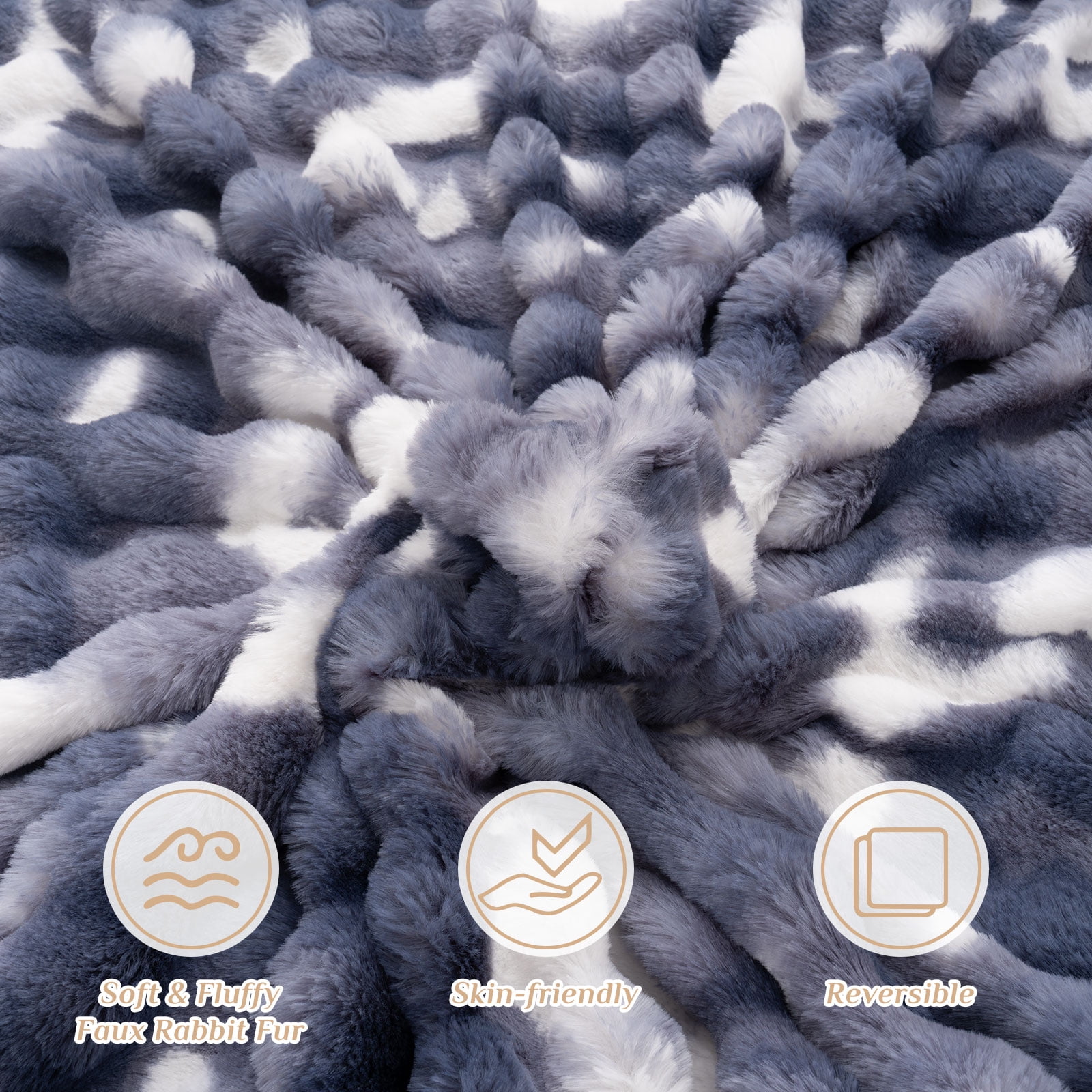 VK·LIVING Thick Ribbed Faux Rabbit Fur Cozy Reversible Throw Blanket,Super Soft 3D Striped Fuzzy Cozy Blankets,Blue,108"x 90"