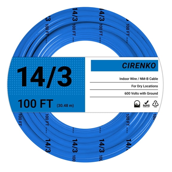 14/3 NM-B Cable 100 FT – UL Listed Residential Indoor Electrical Wire 3 Conductors with Ground, Solid Bare Copper, 600V