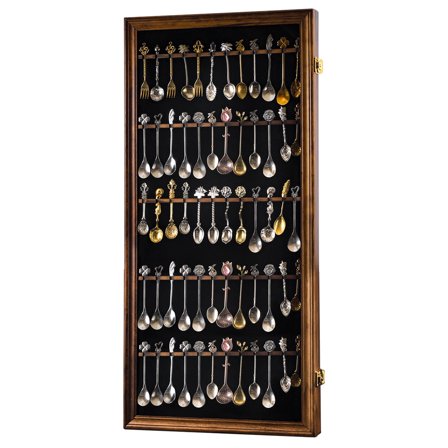 60 Souvenir Tea Spoon Display Case Collection Collector Rack Wall Mount Wooden w/98% UV Acrylic Door Lockable（Fire Burning Color） (60Spoon)