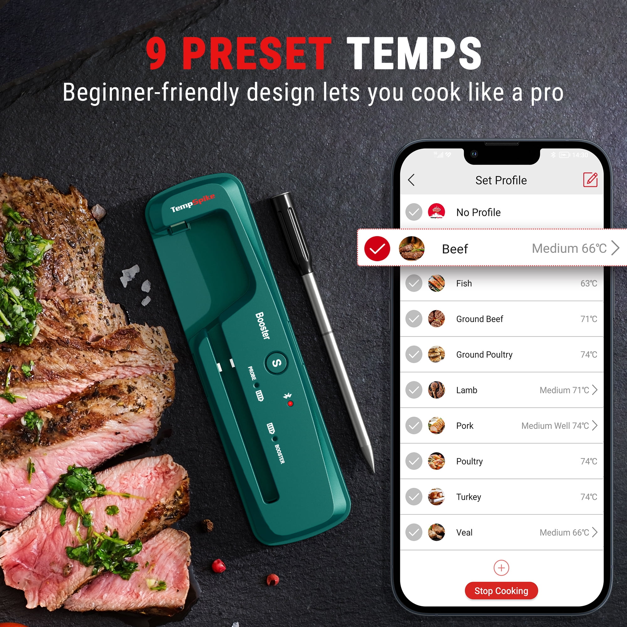 ThermoPro TempSpike Lite 500FT Wireless Meat Thermometer, Bluetooth Probe Thermometer with Smart App for Grilling, Smoking, BBQ, Oven & Smoker