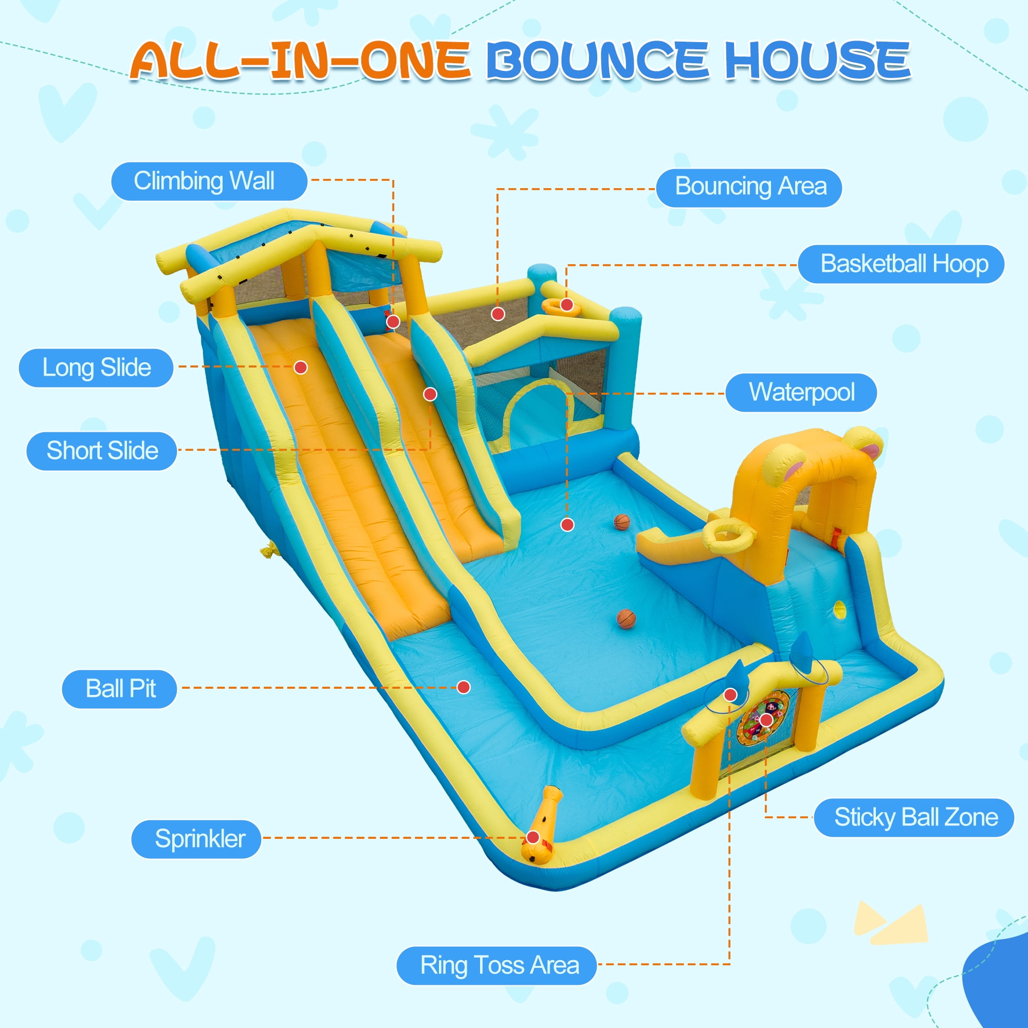 Eclife Inflatable Bounce House Water Slide with Blower, Backyard Water Park Combo with Slides, Splash Pool, Climbing Wall, Obstacle Course, Jumping Area for Indoor Outdoor