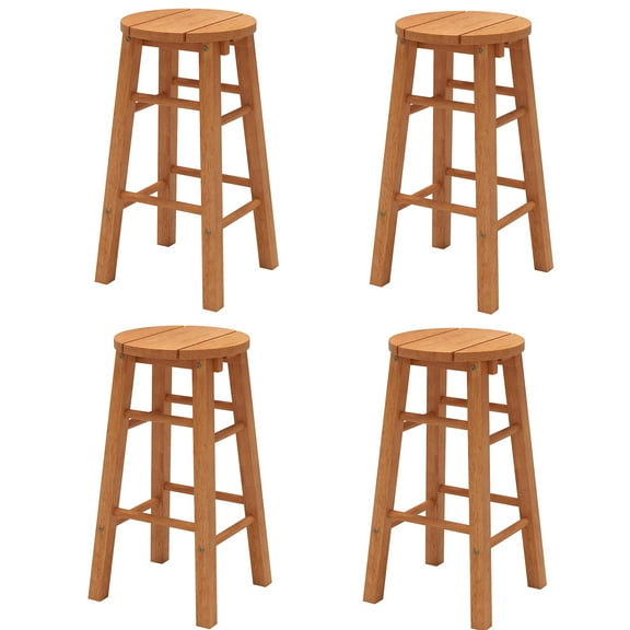 Gymax 24-Inch Outdoor Wood Bar Stools Set of 4 w/ Round Seat Footrest for Garden