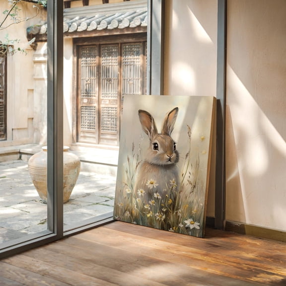 Vintage Bunny Art, Cottagecore Rabbit Print, Wildflower Meadow Painting, Cute Woodland Animal Wall Decor, Pastel Bunny Poster Wall Art, Modern Wall Decor, 8x12 UNFRAMED