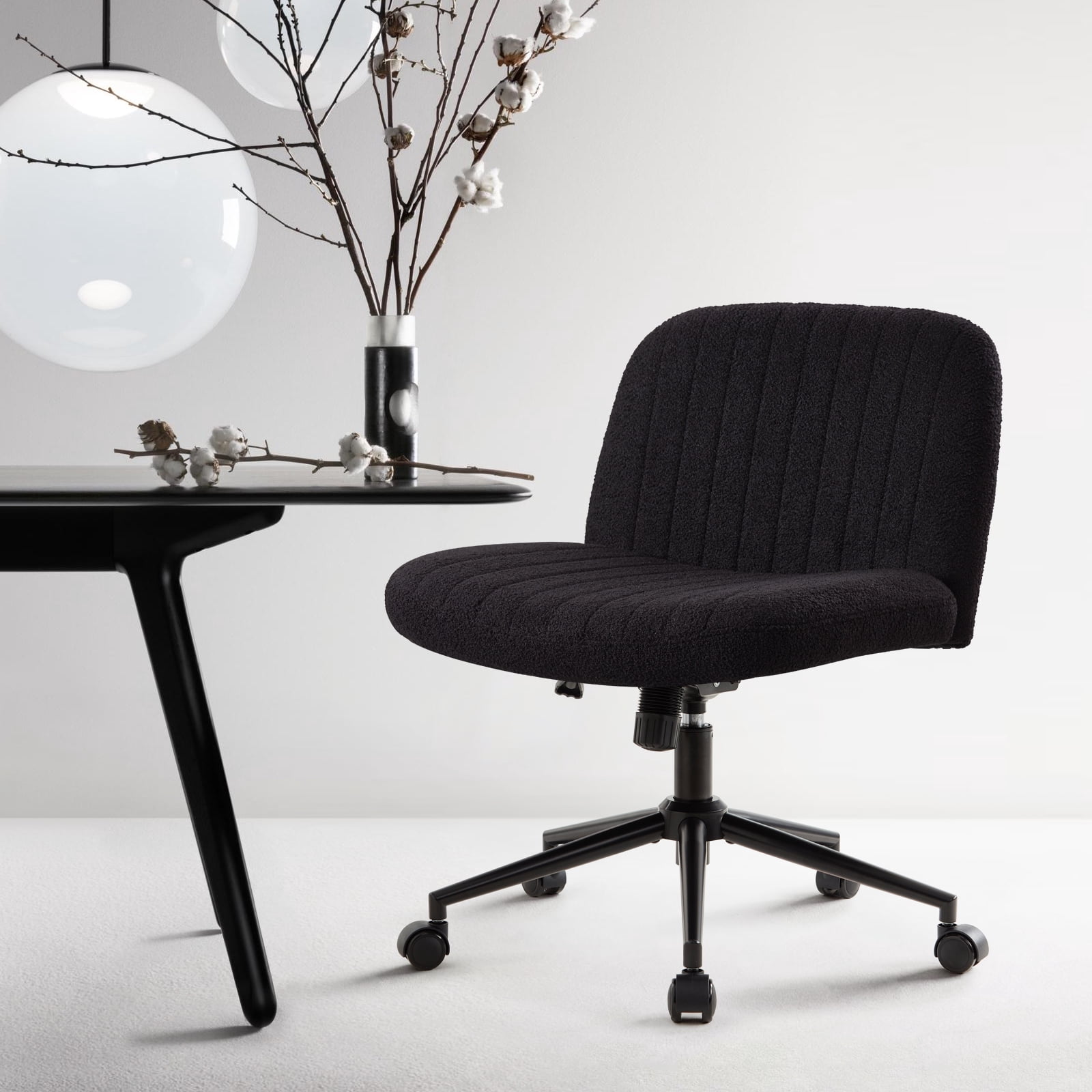 Black Criss Cross Chair Cross Legged Office Chair with Wheels Armless Wide Seat Desk Chairs Height Adjustable Computer Task Chairs Swivel Vanity Chair for Home Office Bedroom Make Up Soft Fabric