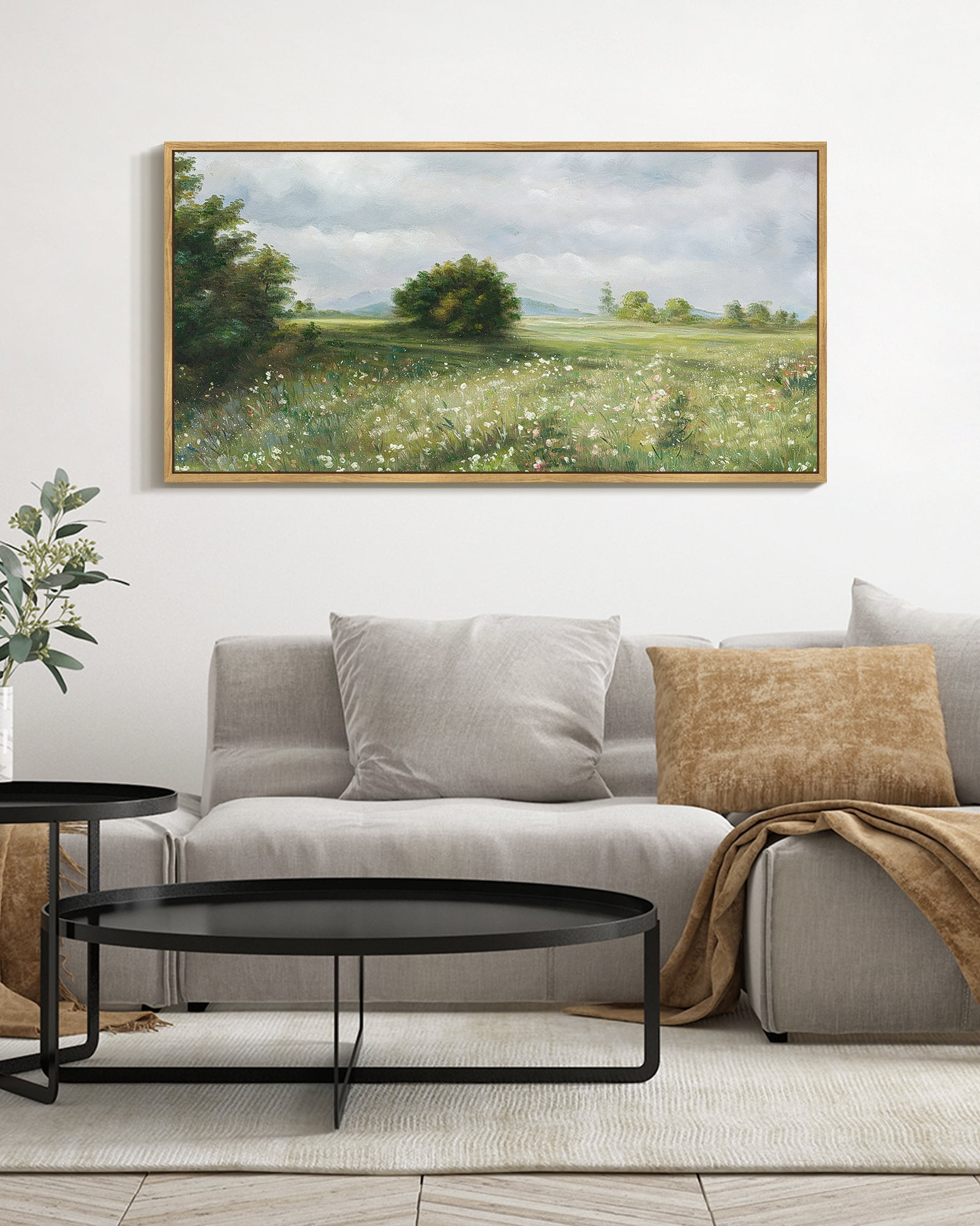 Drsoum Large 20x40in Natural Framed Vintage Landscape Wall Art Home Decor Grassland Classic Wall Prints Farmhouse Bedroom Office Decor