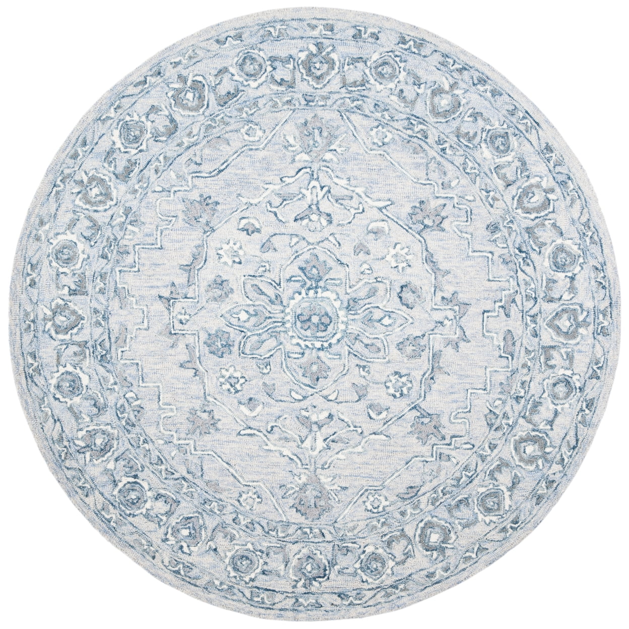 SAFAVIEH Micro-Loop Britton Floral Bordered Wool Area Rug, Light Blue/Ivory, 5' x 5' Round