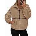 thumbnail image 2 of Women Coat Casual Lapel Full Zip Fleece Jacket Long Sleeve Oversized Warm Winter Outwear with Pockets Khaki XL, 2 of 7