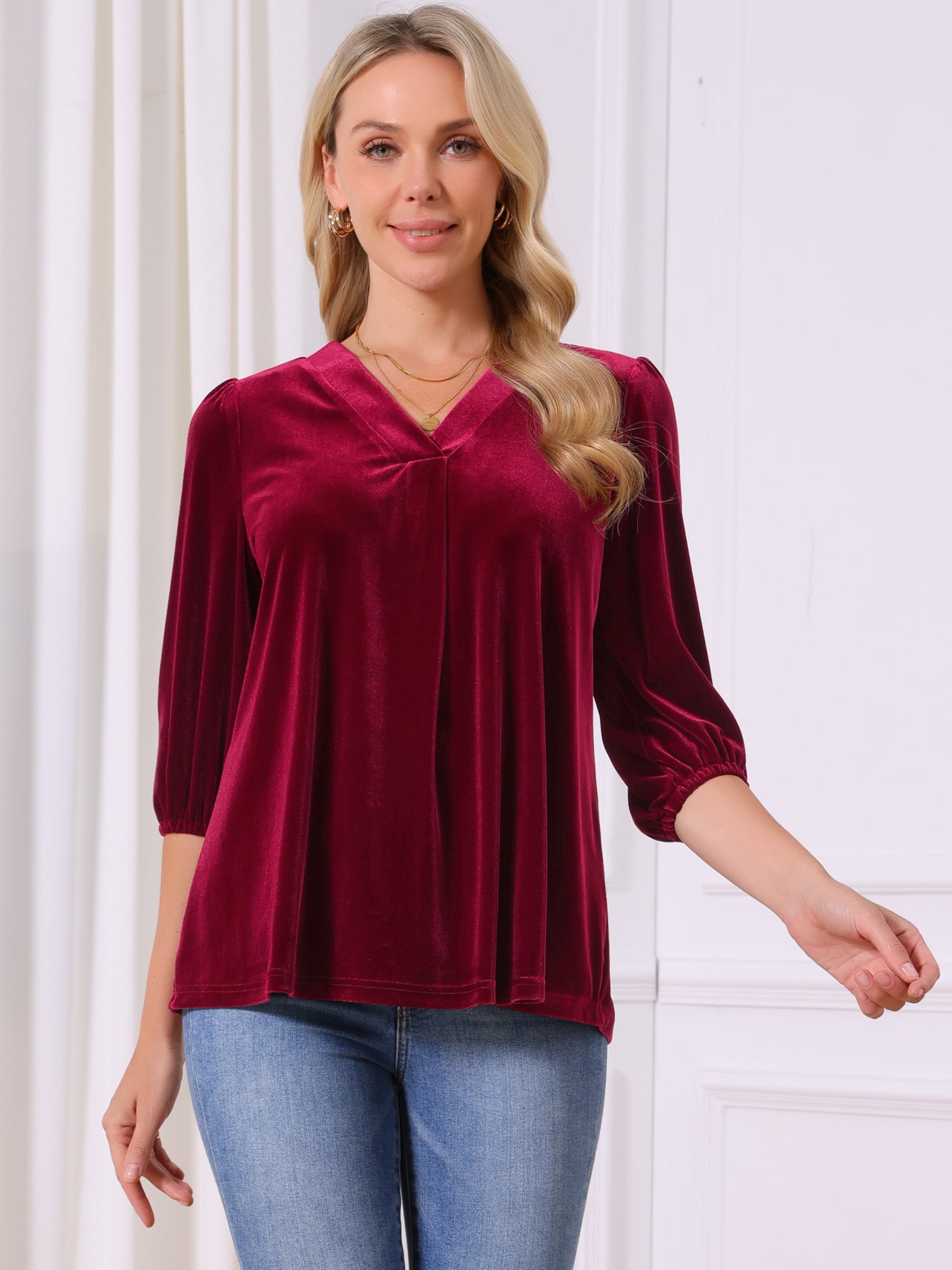 DARING DIVA Women's Velvet V Neck 3/4 Puff Sleeve Casual Blouse XL Wine Red
