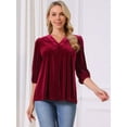 thumbnail image 4 of DARING DIVA Women's Velvet V Neck 3/4 Puff Sleeve Casual Blouse S Wine Red, 4 of 8