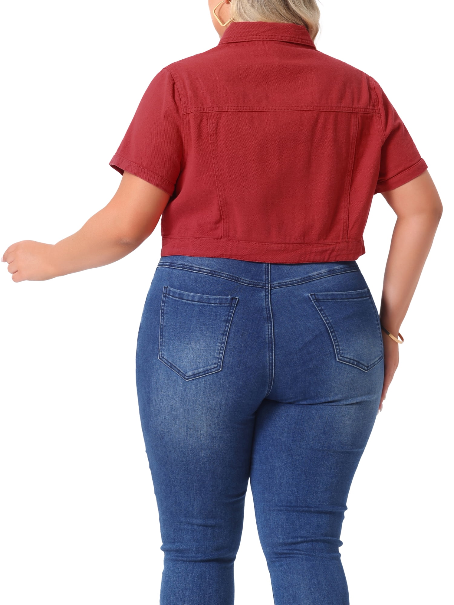 DARING DIVA Women's Plus Size Short Sleeves Button Down Jean Jacket 1X Red