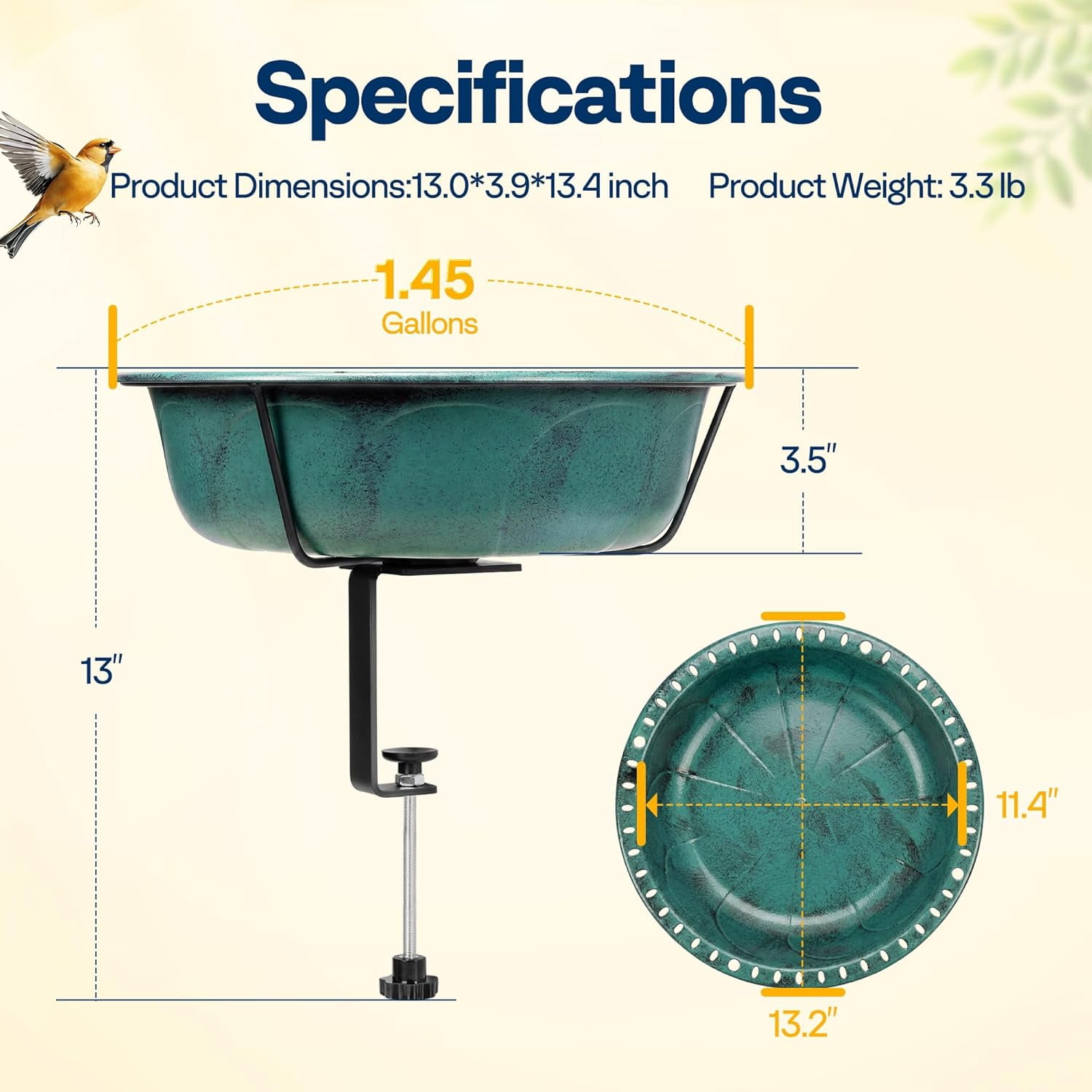 SPECSTAR Deck Mounted Bird Bath for Outside, Weather-Resistant ABS Bird Bath and Feeder with Adjustable Metal Clamp for Railing, Fence, Balcony, 1.45 Gallons, Green