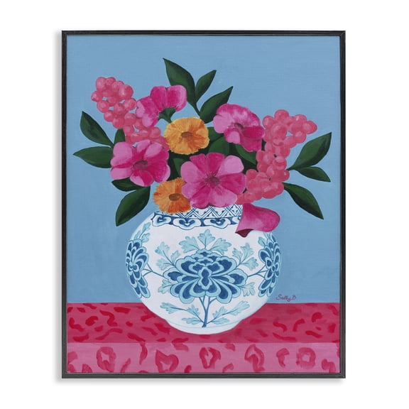 Stupell Industries Bohemian Flower Vase Pink Blue Black Framed Giclee Art, 11 x 14, by Sally B