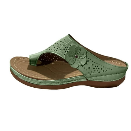 ZHAGHMIN Dressy Sandals Women Women s Thong Flip Flops Casual Hollow Pu Leather Wedge Slippers Lady Sandals Comfortable Women Slippers Green Size7.5