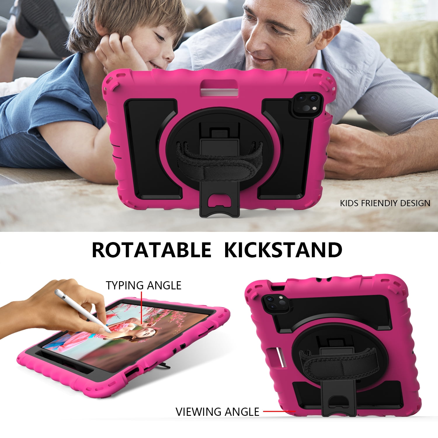 Allytech iPad Air 5 4 10.9 Case 2022/2020, Heavy Duty Shockproof Kids Case with Pencil Holder Hand Strap Kickstand Shoulder Strap for Apple iPad Air 5th 4th Generation 10.9 Inch -Rose
