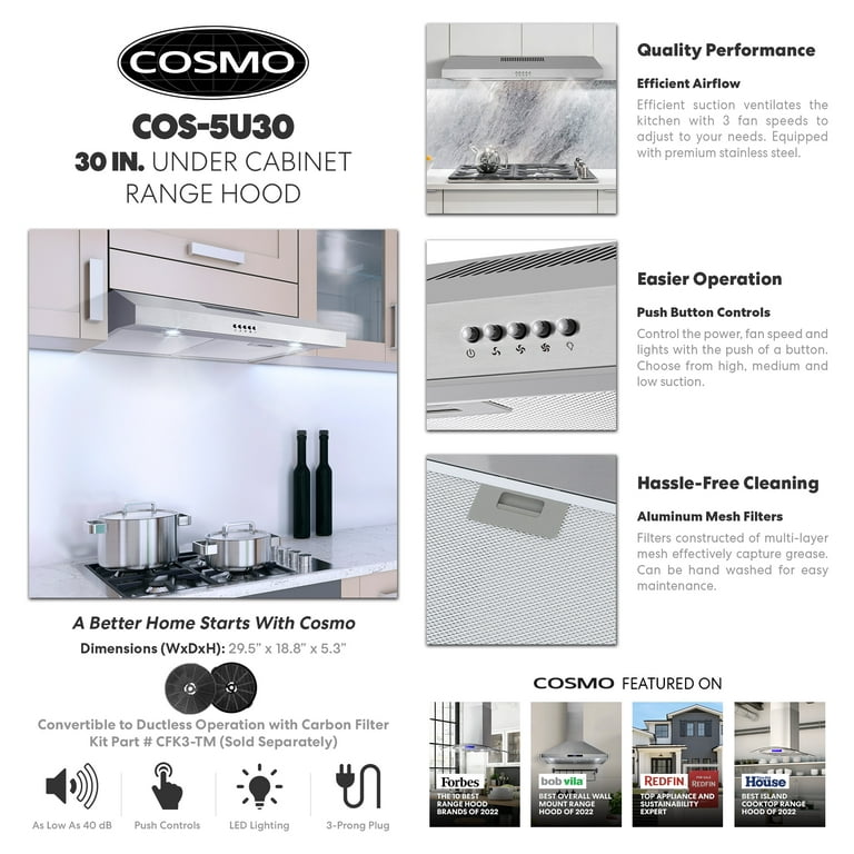 COSMO COS-5MU30 30 in. Under Cabinet Range Hood Ductless Convertible Duct,  Slim Kitchen Stove Vent with, 3 Speed Exhaust Fan, Reusable Filter and LED  Lights in Stainless Steel, 30 inch