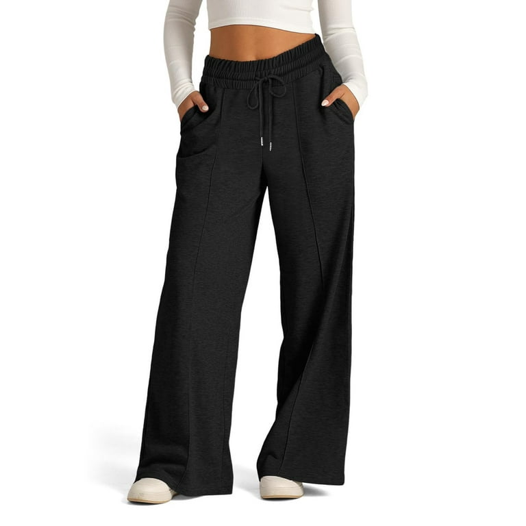 TQWQT Women's Petite Wide Leg Sweatpants Lightweight Aesthetic Open Bottom  Cozy Ladies Athletic Sweat Pants with Pockets Black XXL 