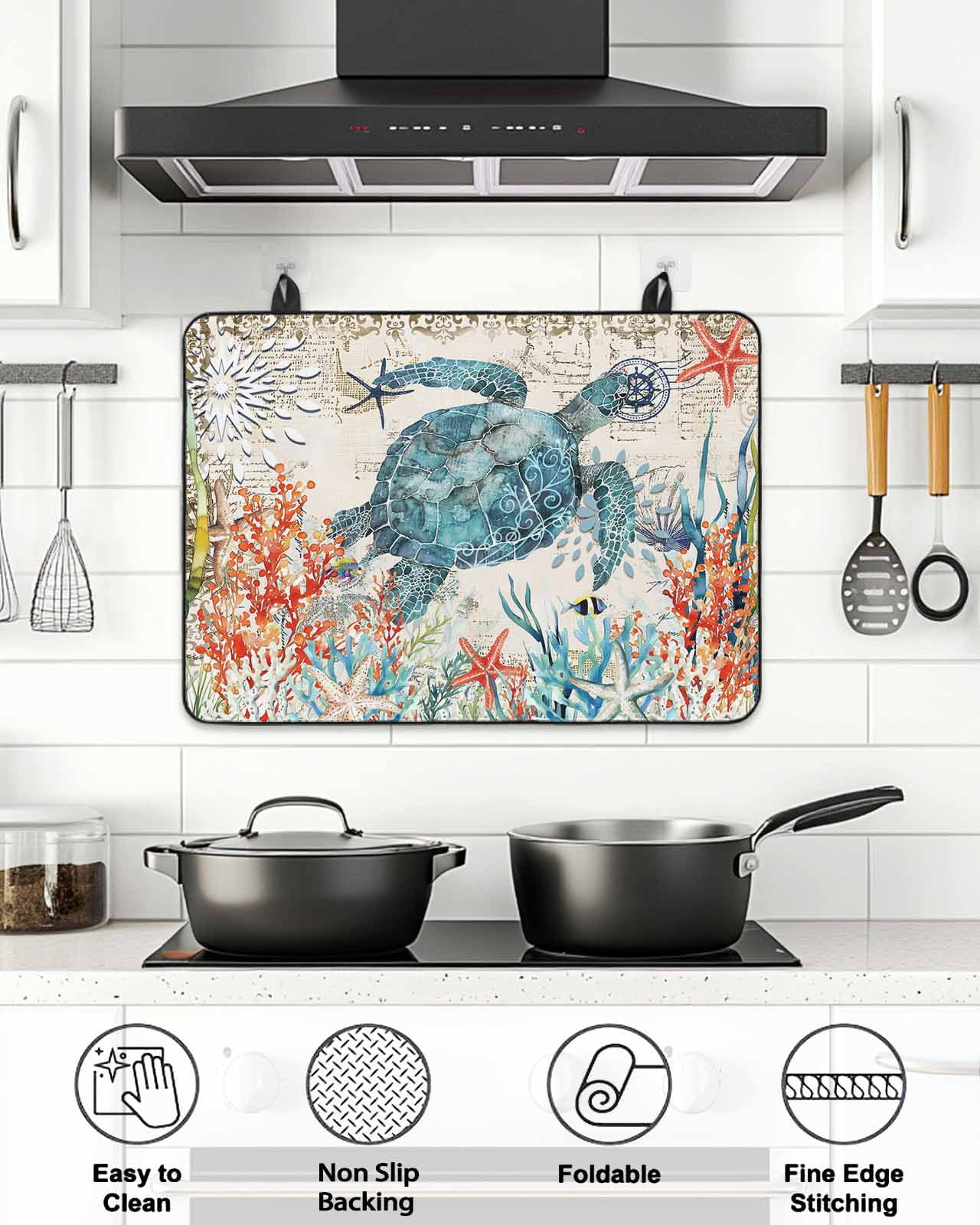 Stove Top Covers for Electric Stove, Sea Turtle Coastal Glass Stovetop Cover Protector, Vintage Beach Coral Starfish Nautical Induction Cooktop Protector Oven Mat for Kitchen Countertop 24"x21"