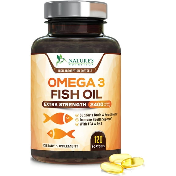 Omega 3 Fish Oil Supplements - 2400mg Fish Oil Per Serving - Triple Strength Omega-3 with EPA & DHA Fatty Acids - Natural Heart, Brain & Immune Support - Wild Caught, Bottled in USA - 120 Softgels
