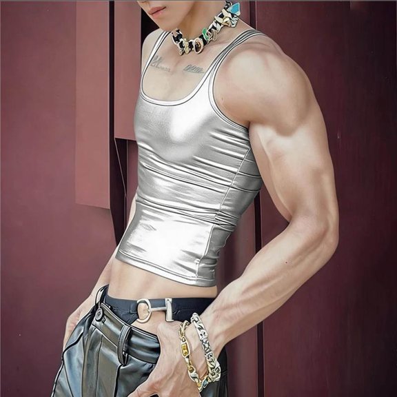 Yaoyar Men's Shiny High Stretch Slim Fit Tank Top Thin Straps Crew Neck Breathable Soft Layering Undershirt