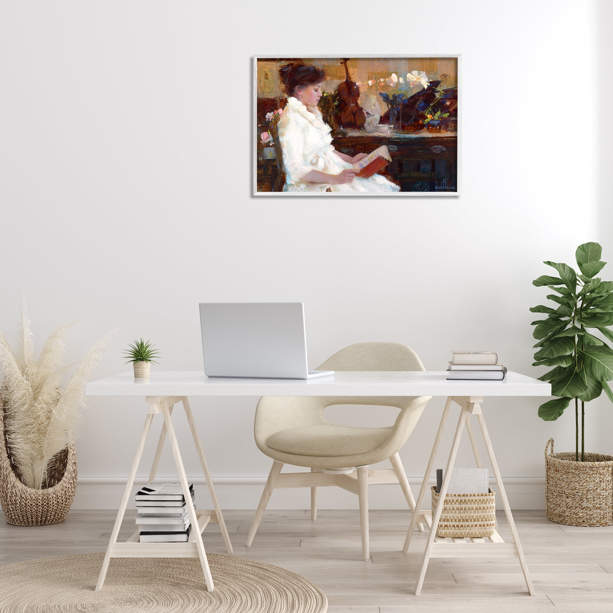 Stupell Industries Classic Girl Reading Novelty Painting White Framed Art Print Wall Art, 30 x 20