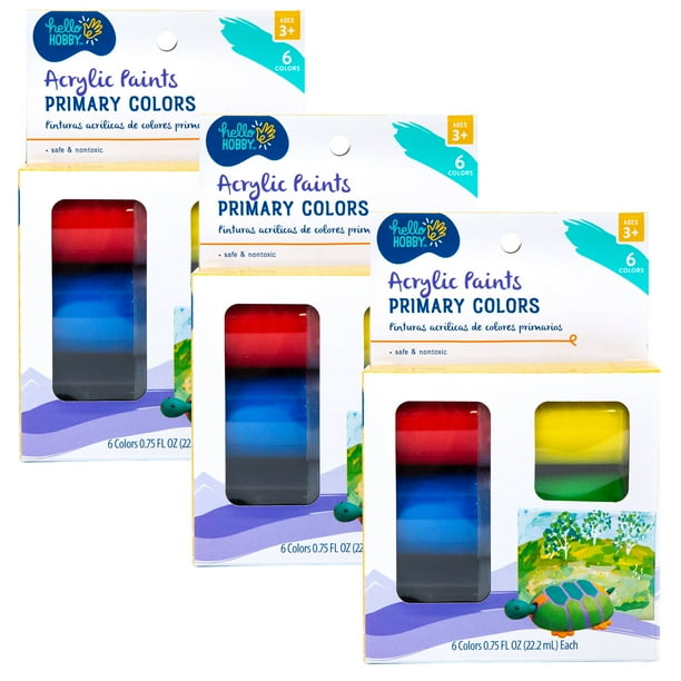 Hello Hobby Acrylic Paint Jars, 3Pack, Primary Paint Colors, 18 Jars