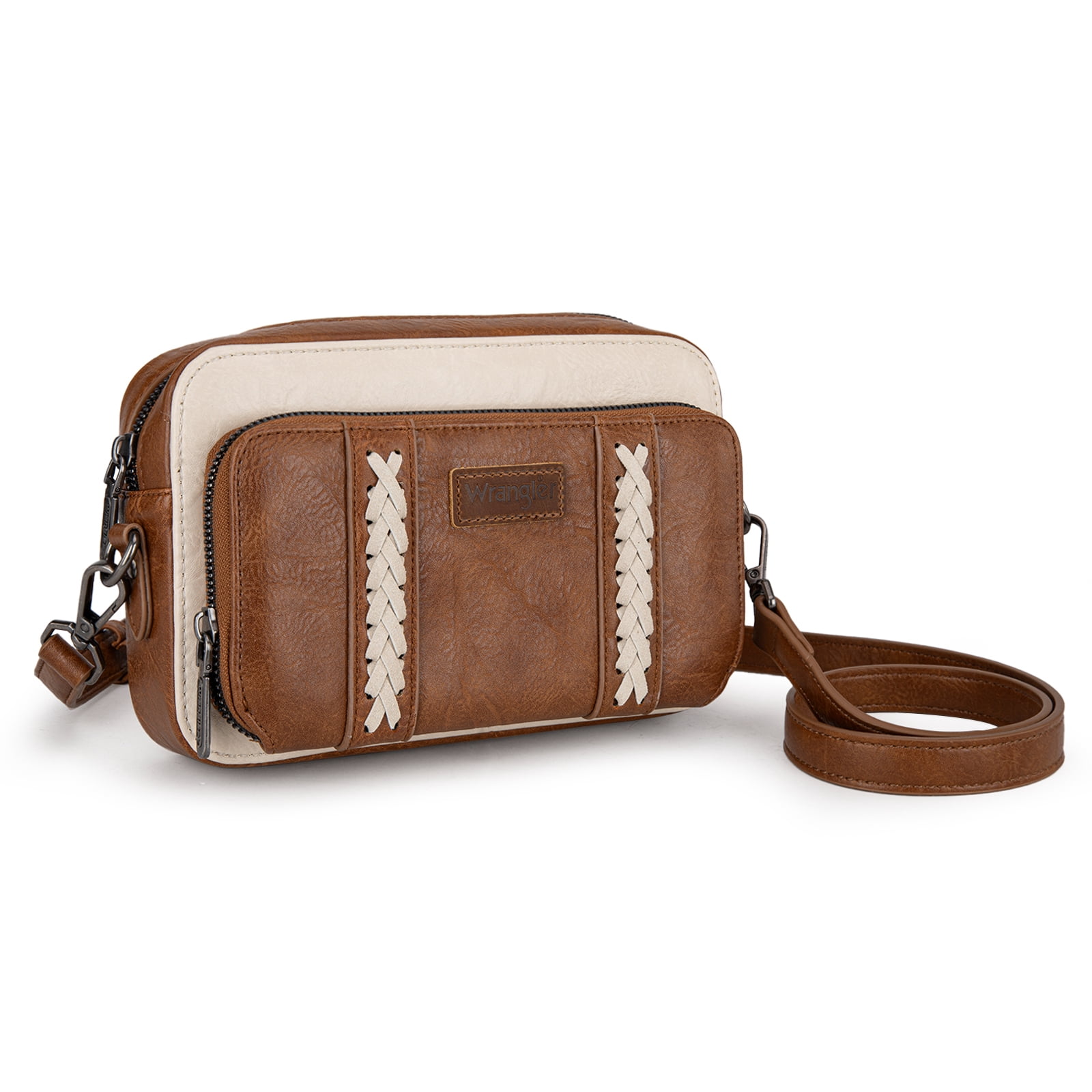 Wrangler Crossbody Bag for Women Vegan Leather Western Shoulder Purse Small Multi Pocket Crossbody Wallet Purse Crossover Bags with Adjustable Strap, Brown-Begie