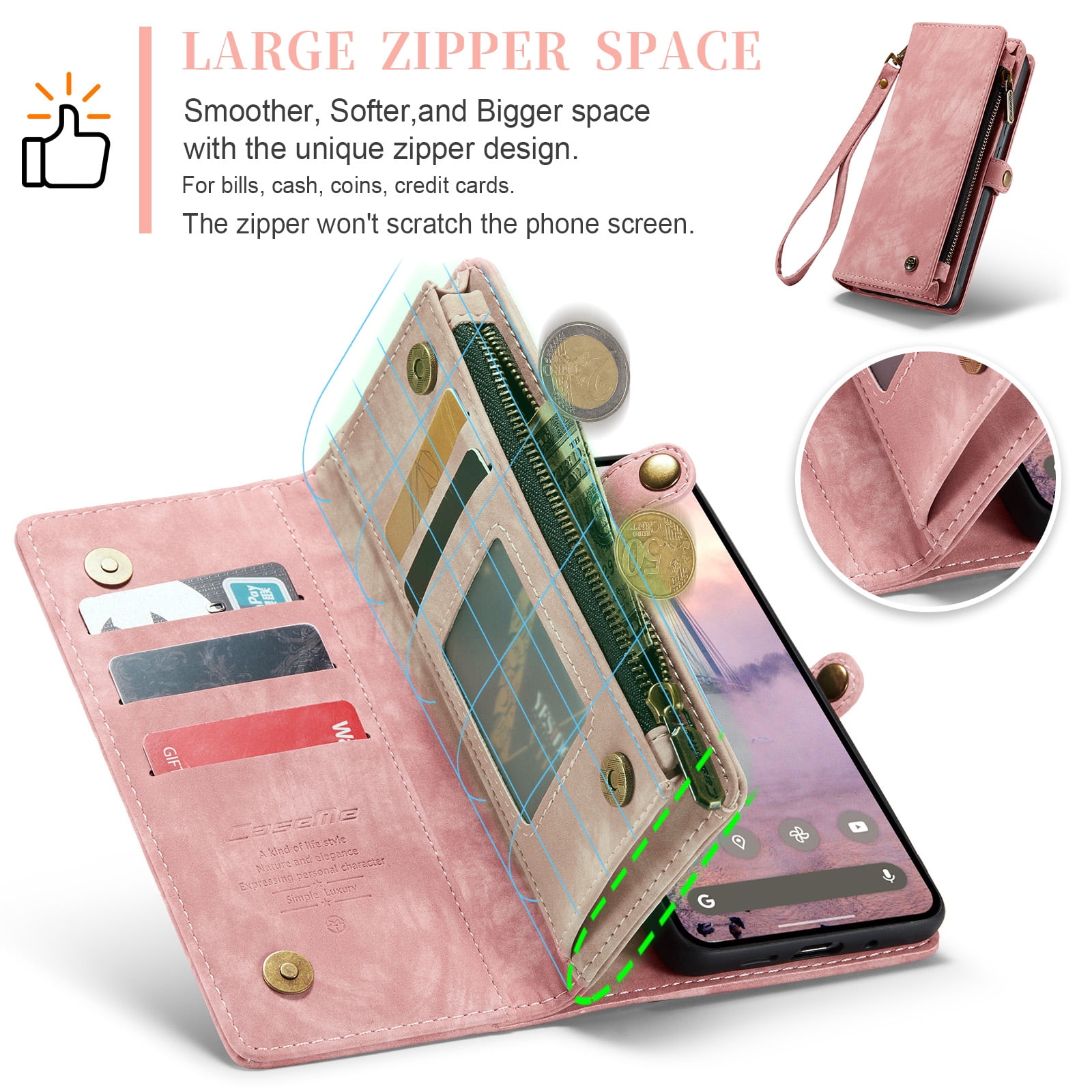 Feishell Durable 2- In-1 Magnetic Detachable Wallet Case for iPhone 16,for Women Men,Premium PU Leather Zipper Pocket Flip Multi Card Slots Purse Phone Case with Wrist Strap,Pink