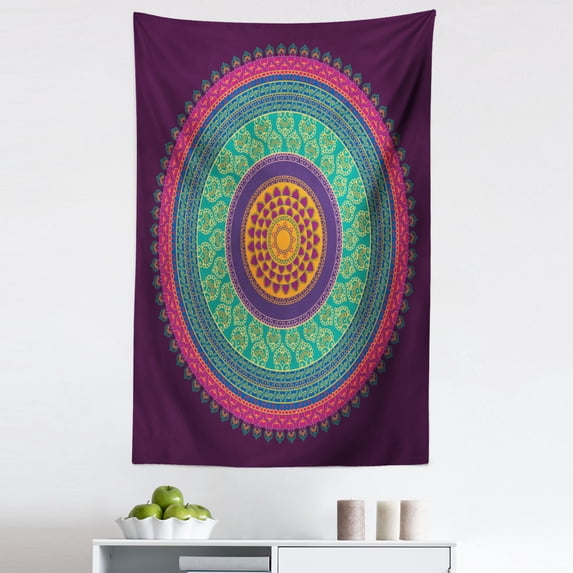 Mandala Tapestry, Middle Illustration with Curls and Petals Oriental Colorful Pattern, Fabric Wall Hanging Decor for Bedroom Living Room Dorm, 5 Sizes, Multicolor, by Ambesonne
