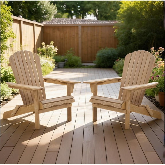 Set of 2 Modern Farmhouse Folding Adirondack Chairs Solid Wood Patio Lounge Chairs Light Brown for Backyard Deck Porch Poolside Fire Pit Seating Cottagecore Outdoor Furniture Easy Setup Space Saving