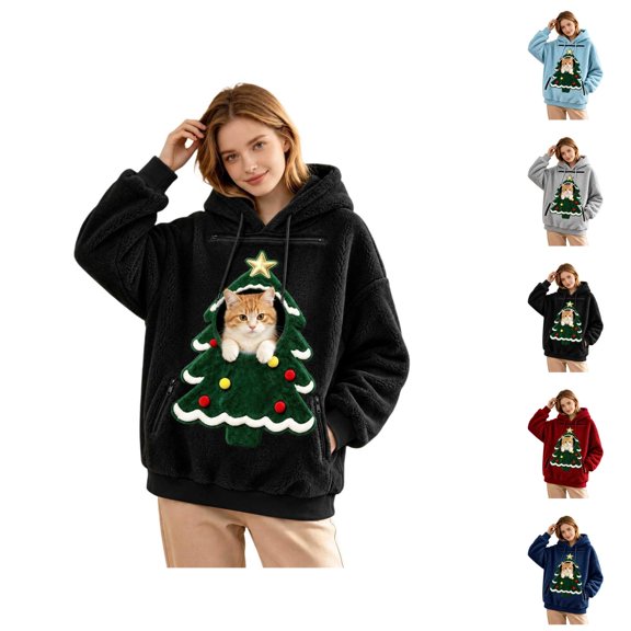 Christmas Pet Pouch Hoodie for Women Long Sleeve Xmas Tree Graphic Loose Flannel Pullover Sweatshirt Dog Cat Carrier Hoodie