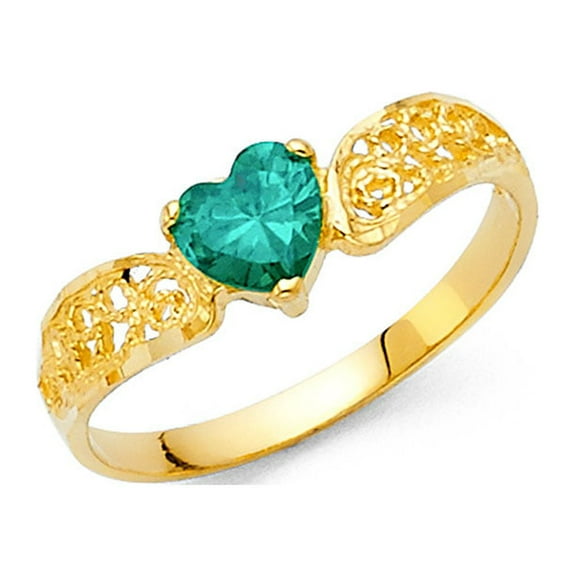 14k Yellow Gold Green CZ Heart Ring Love Band Curve Promise Ring Fashion Polished Fancy Size 7