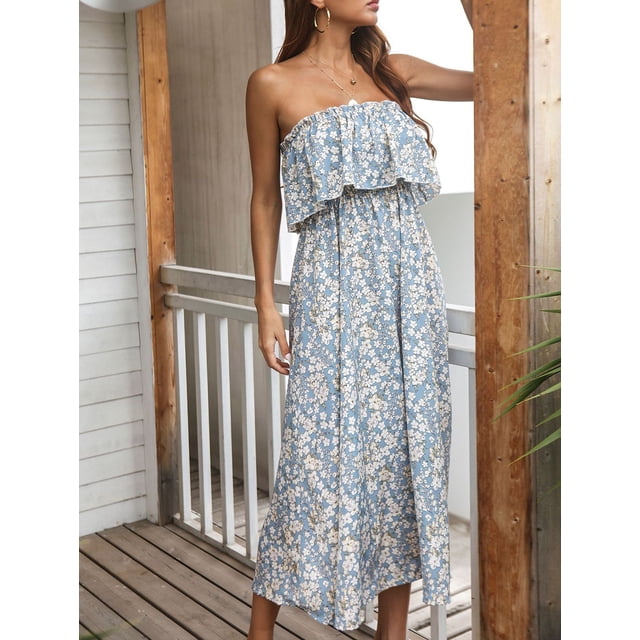 Women's Boho Floral Print Off Shoulder Long A Line Dress
