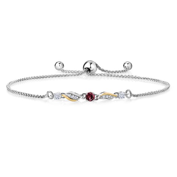 925 Sterling Silver and 10k Yellow Gold Red Rhodolite Garnet White Moissanite and White Lab Grown Diamond Tennis Bracelet for Women (0.39 Cttw, January Birthstone, Fully Adjustable up to 9 inch)
