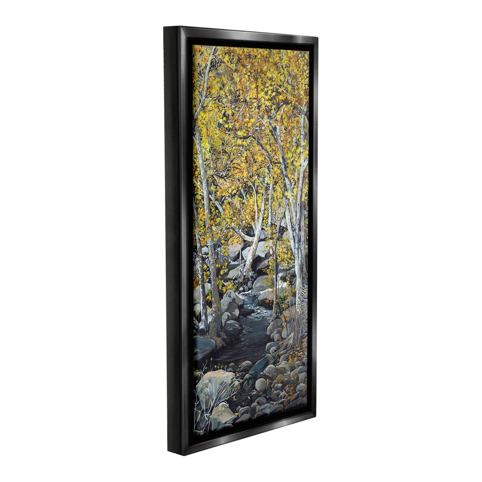 Stupell Industries Birch Tree Creek Landscape Landscape Painting Black Floater Framed Canvas Art Print Wall Art, 11 x 25