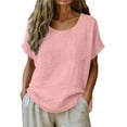 thumbnail image 3 of Asxite Womens Tops Short Sleeve Solid Color Linen Mix Round Neck Relaxed Casual Blouse, 3 of 5