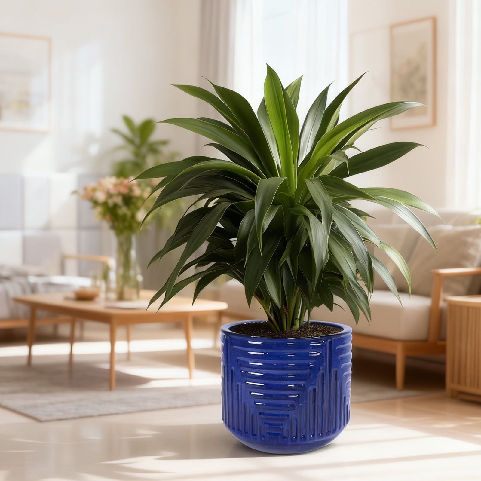 16" Dia Round Planters for Indoor Plants, Large Outdoor Planters with Drainage Holes, Ceramic Plant Pots Indoor & Outdoor for Home Garden Patio - Dark Blue
