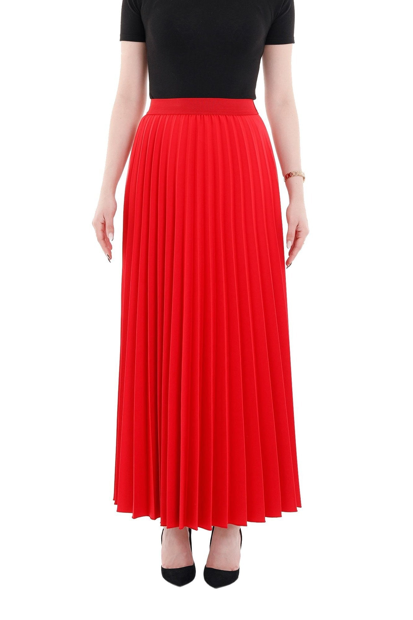 Red Pleated Midi Skirt