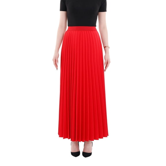 Red Pleated Maxi Skirt Elastic Waist Band Ankle Length Skirt