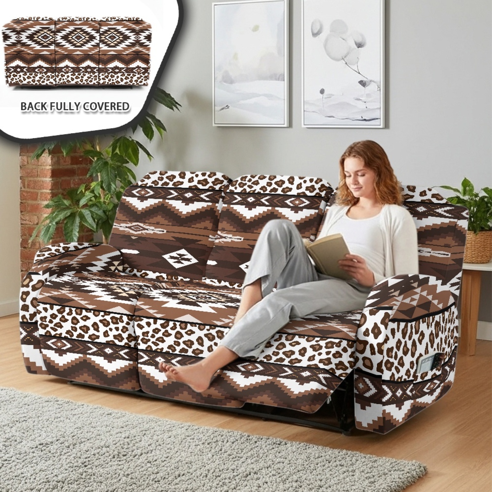 COEQINE Reclining Sofa Cover Breathable 3 Seater Couch Chair Cover 8 Pieces Stretch Recliner Chair Cover Stay in Place Lazy Boy Chair Slipcover Home Decor, American Tribal Brown Leopard Print