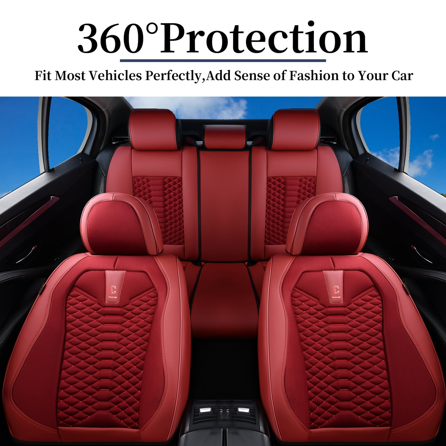 Coverado Red Car Seat Covers Full Set, 5 Seats Leather&Fabric Front and Back Auto Protectors, Breathable Interior Cushions Universal Fit Most Sedans SUV Pickup Trucks