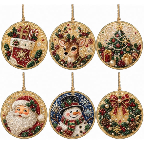 DIY Diamond Art Painting Christmas Wooden Ornaments Kit, Set of 6 3.15 Inch Special-Shaped Gem and Pearl Hanging Decor for Tree Window Holiday Crafting