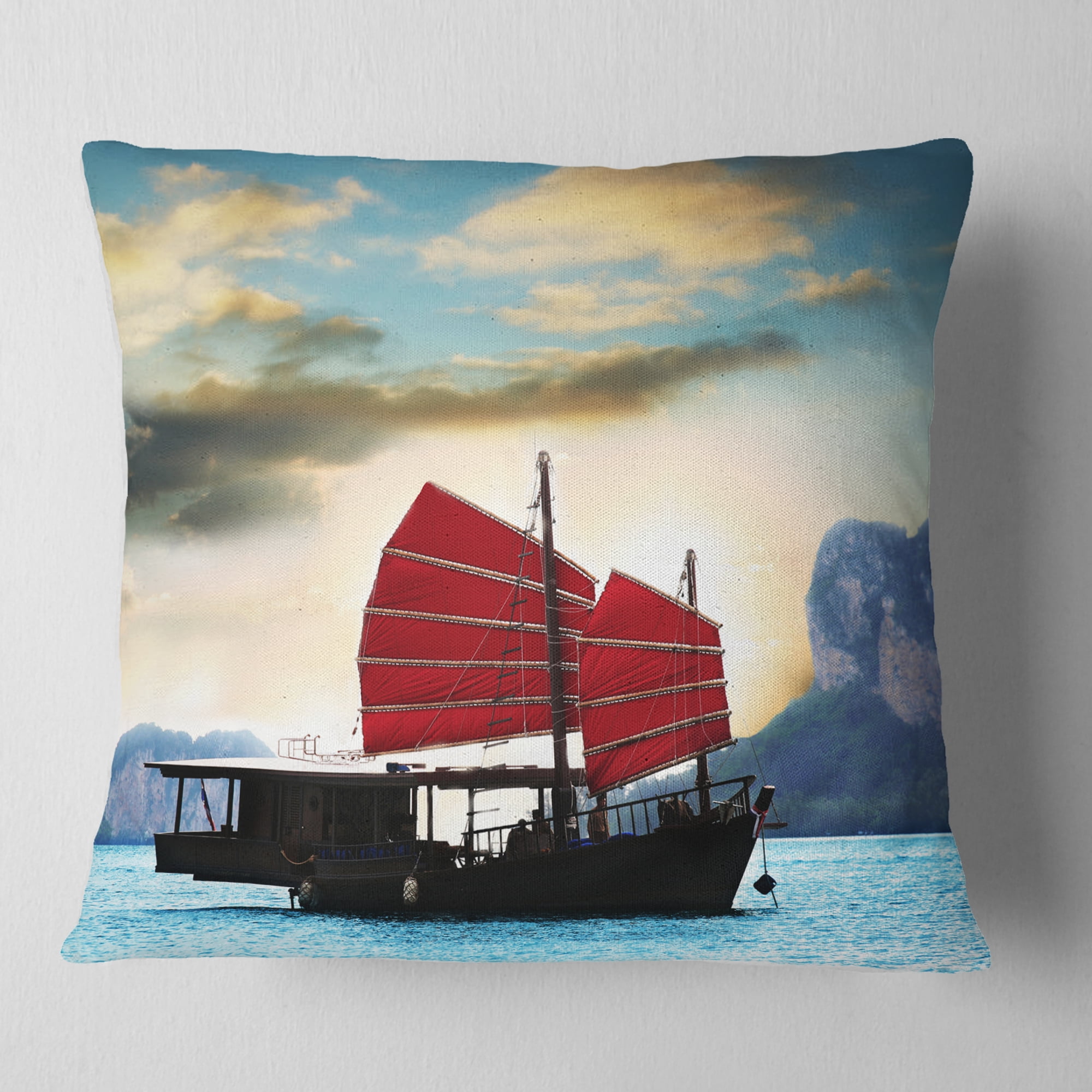 Designart Large Chinese Sailing Ship - Seashore Throw Pillow - 16x16