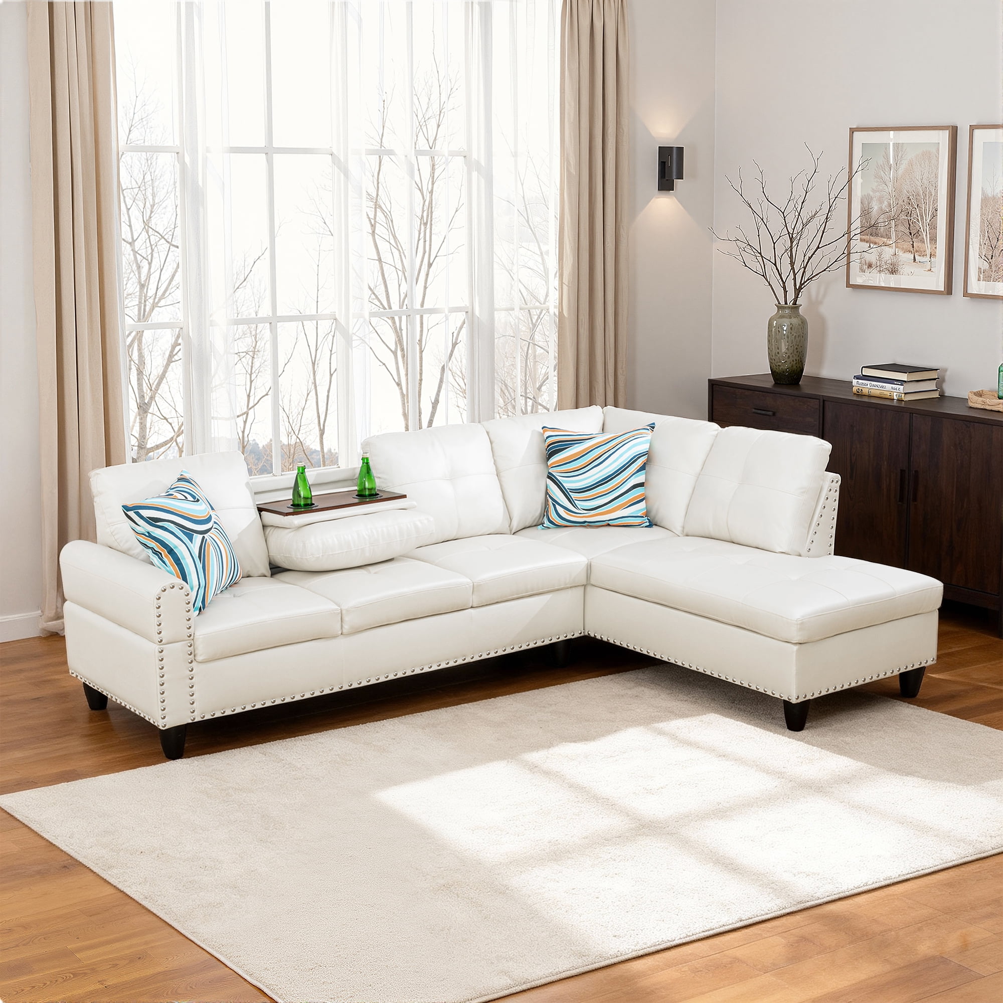 MAYEERTY 97.5" Faux Leather Sectional Sofa, 2-Piece Modular Couch Living Room Sofa Set without Ottoman, White (Right)
