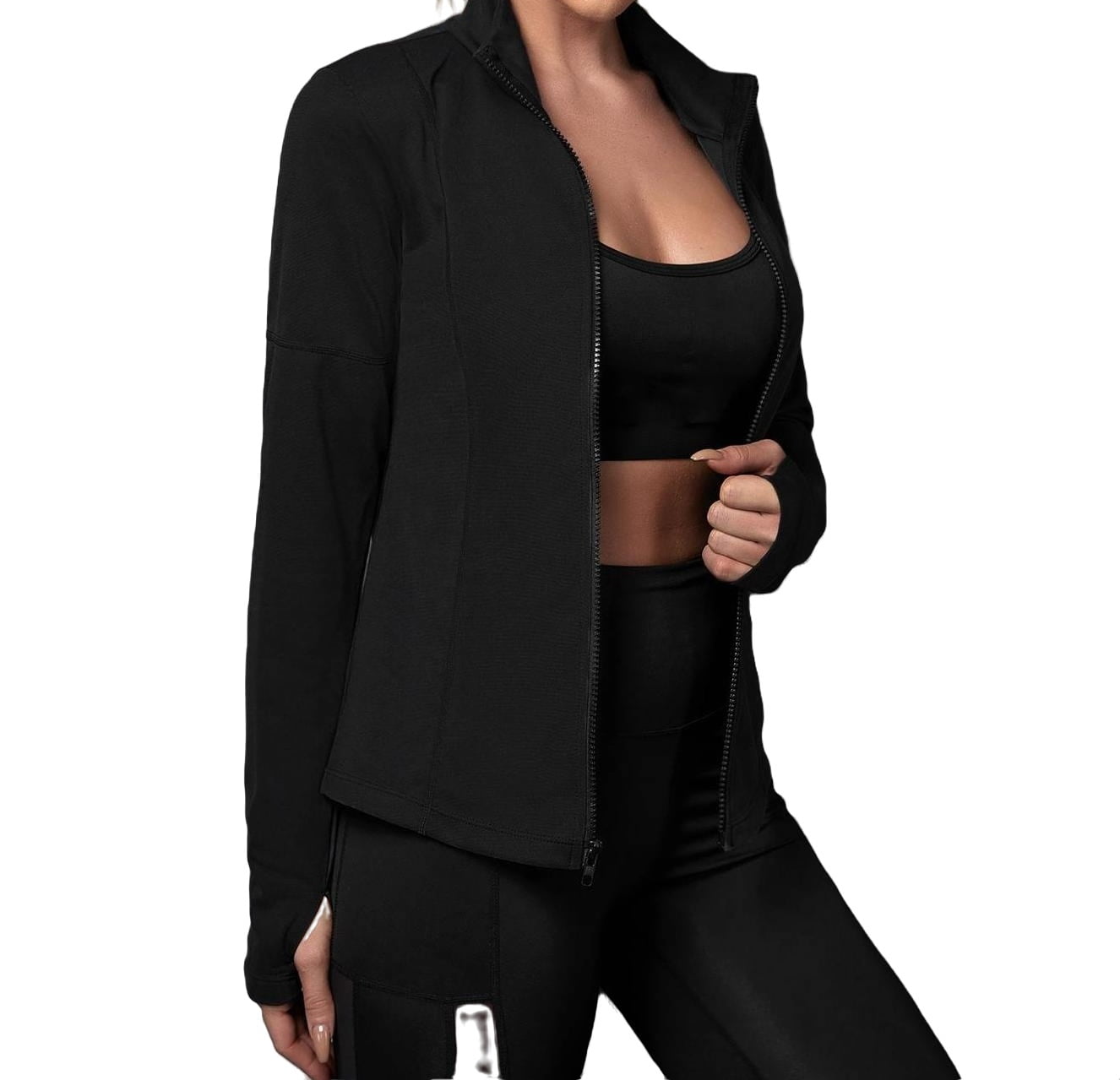 Womens Activewear Sports Jackets Solid Color Funnel Neck Zipper Black M