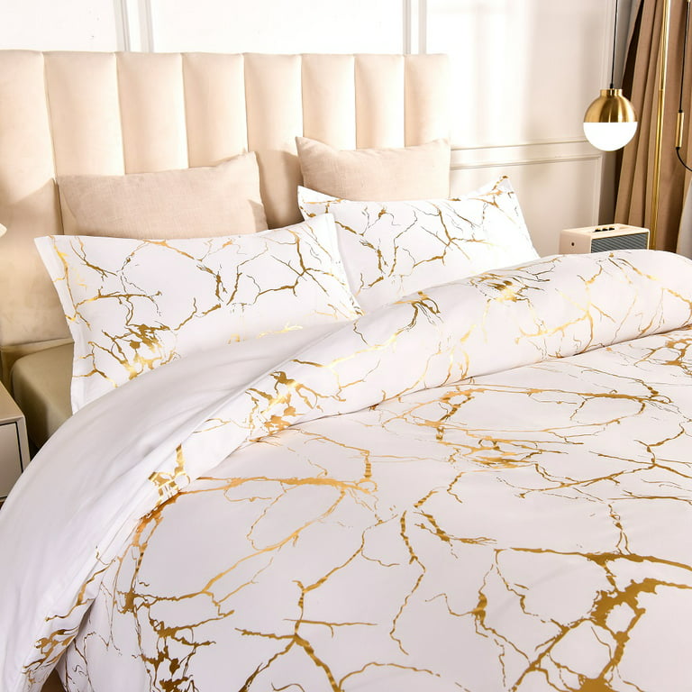 Satin Bedding Set White Satin Duvet Cover Set 2 Pcs White Gold Metallic  Marble Pattern Luxurious Bedding Set Twin Size 
