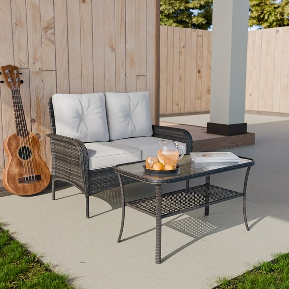 EAGLE PEAK 2-Piece Outdoor Furniture Set, All-Weather Patio Conversation Set w/ Loveseat & Coffee Table