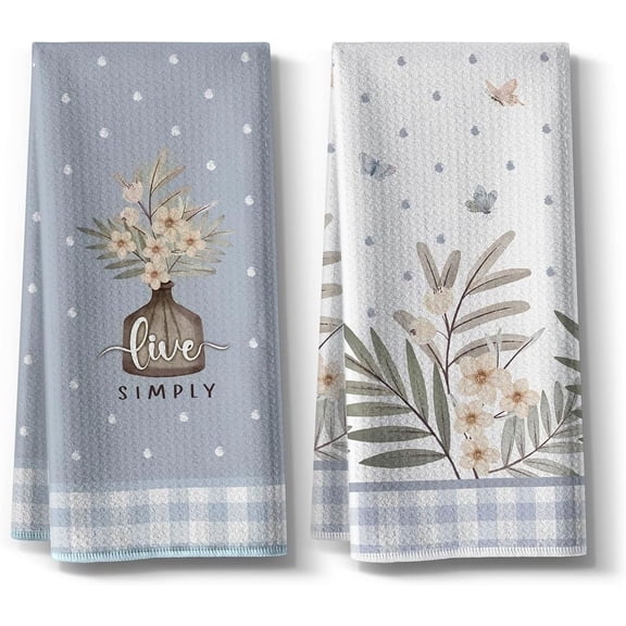 Funny Kitchen Towels,Drying Absorbent Tea Towel,Live Simply Spring Summer Seasonal Dishcloth Décor,18x26inch,2 Value Pack,Cleaning Hand Dish,Gifts for Housewarming Mother''s Day(Blue)